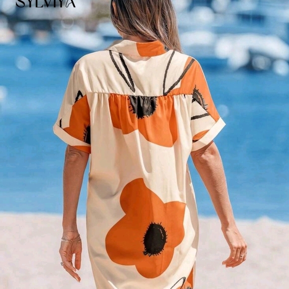 SHEIN Cream and Orange Button-Up Swim Cover-Up - Picture 4 of 4